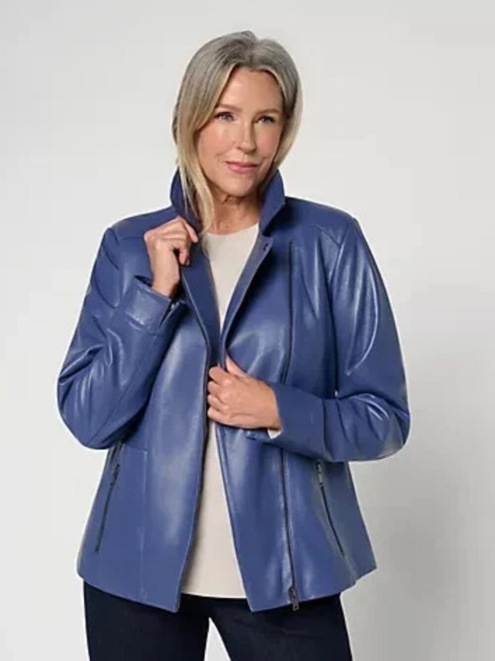 Denim & Co. Lamb Leather Moto Jacket with Pockets-Dk Indigo-1X A738357